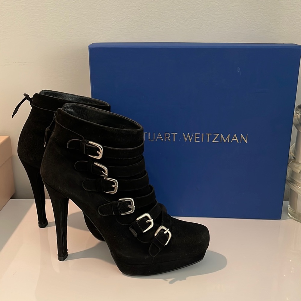 Stuart weitzman black suede moto heeled boots